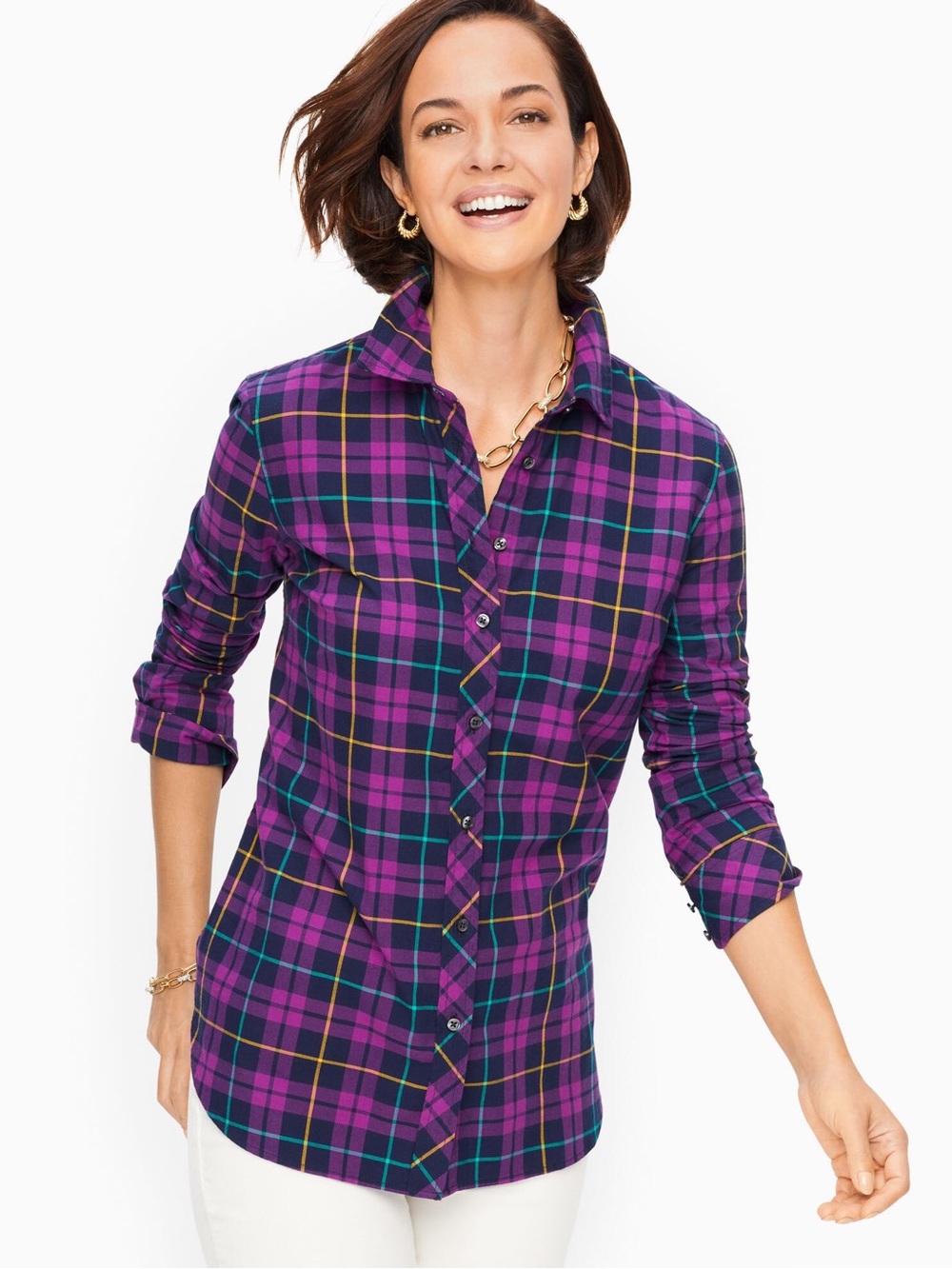 Talbots Womens Purple Plaid Long Sleeve Button Down Cotton Shirt Size XL
